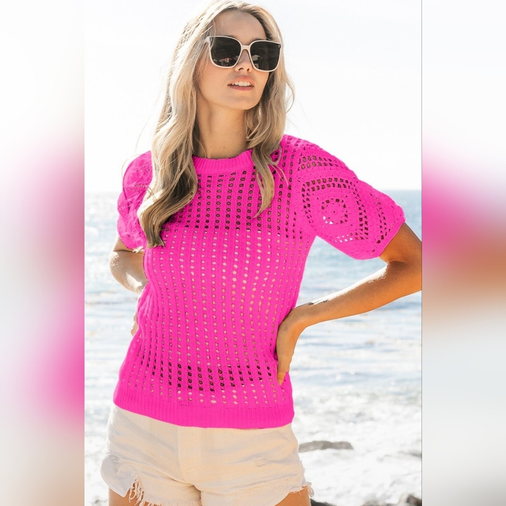 BiBi Crochet Lace Top With Puff Sleeves In Vibrant Pink